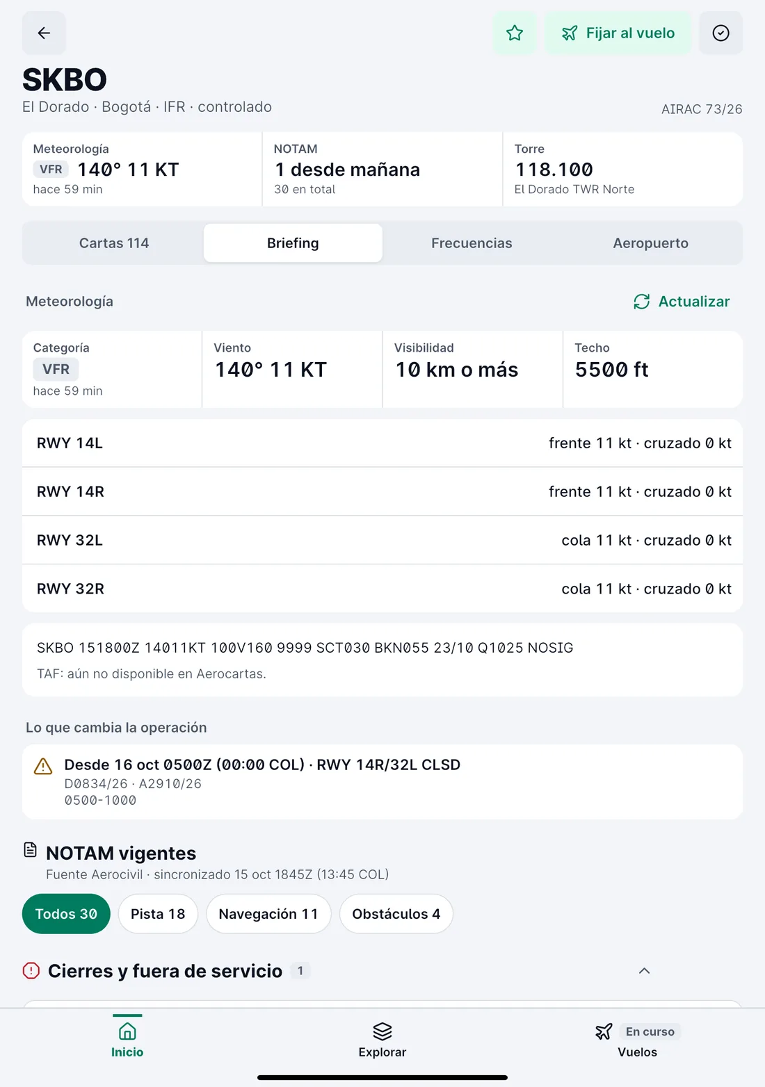 Captura de la app Aerocartas: NOTAM y METAR. Toca para ampliar.